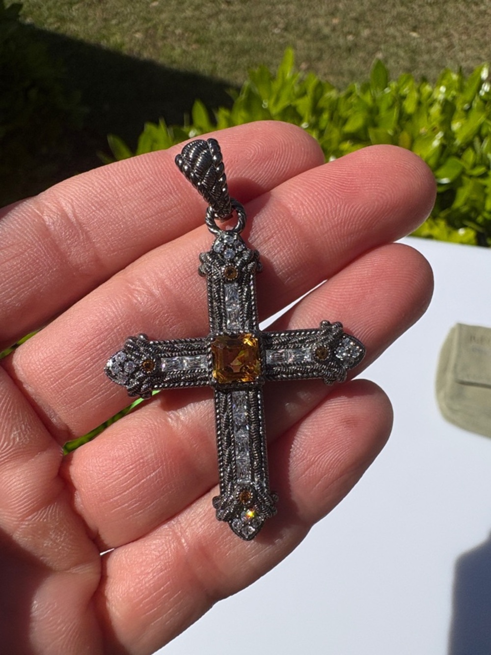 Judith Ripka 925 CZ Sterling Silver Cross Pendant Gunmetal Enhancer pendant - Picture 4 of 17